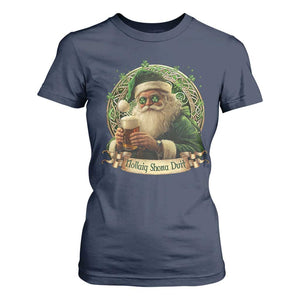 Irish Christmas T Shirt For Women Nollaig Shona Duit Shamrock Santa Drinking Beer TS09 Navy Print Your Wear