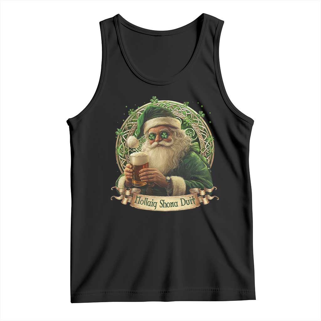 Irish Christmas Tank Top Nollaig Shona Duit Shamrock Santa Drinking Beer TS09 Black Print Your Wear