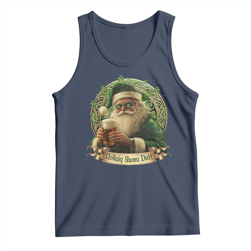 Irish Christmas Tank Top Nollaig Shona Duit Shamrock Santa Drinking Beer TS09 Navy Print Your Wear