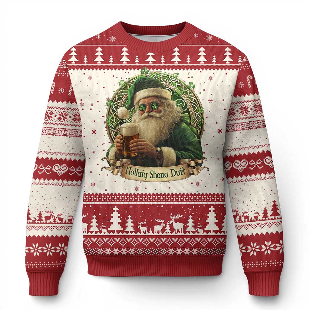 Irish Xmas Ugly Christmas Sweater Nollaig Shona Duit Shamrock Santa Drinking Beer TS09 Red Print Your Wear