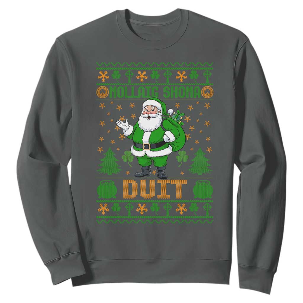 Irish Christmas Sweatshirt Nollaig Shona Duit Shamrock Santa Lucky For Everyone TS09 Dark Heather Print Your Wear