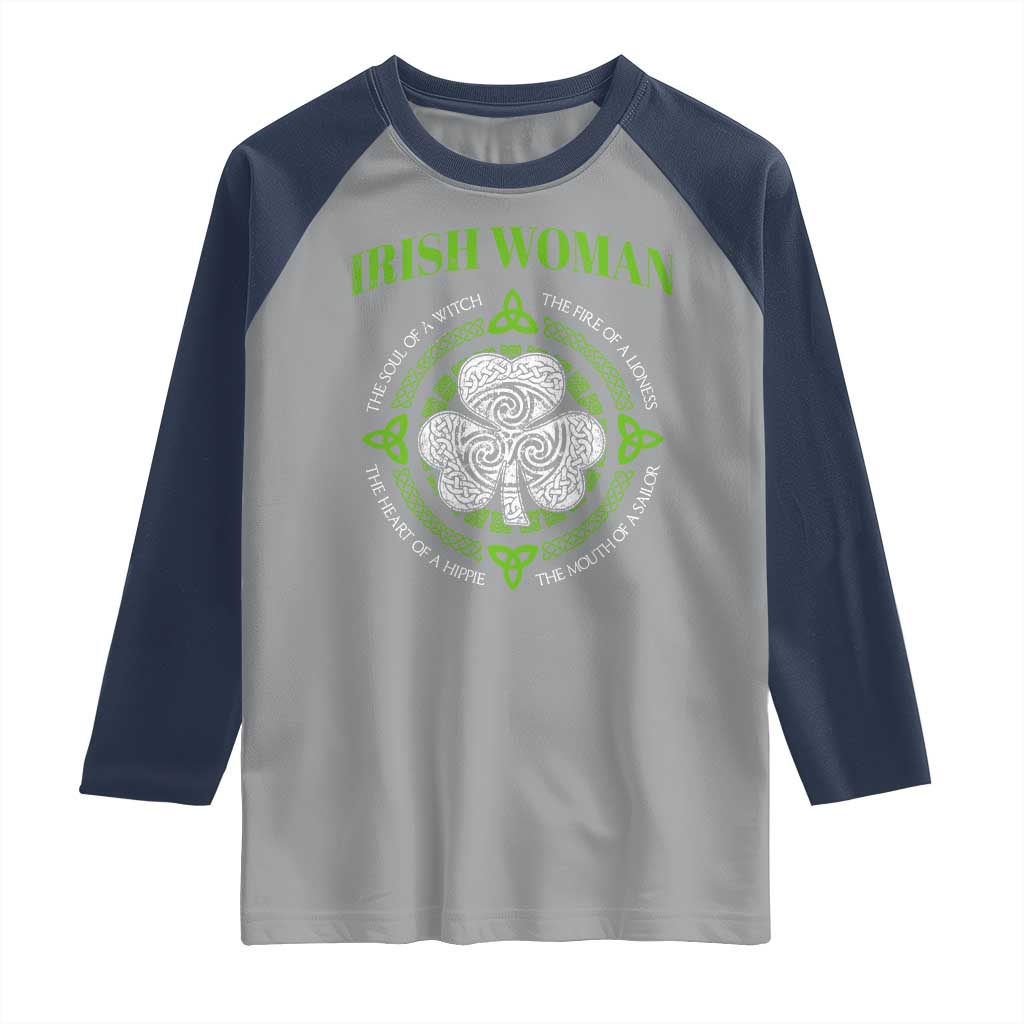 Irish Woman Pride Raglan Shirt The Soul of A Witch Celtic Shamrock Feminist TS09 Sport Gray Navy Print Your Wear