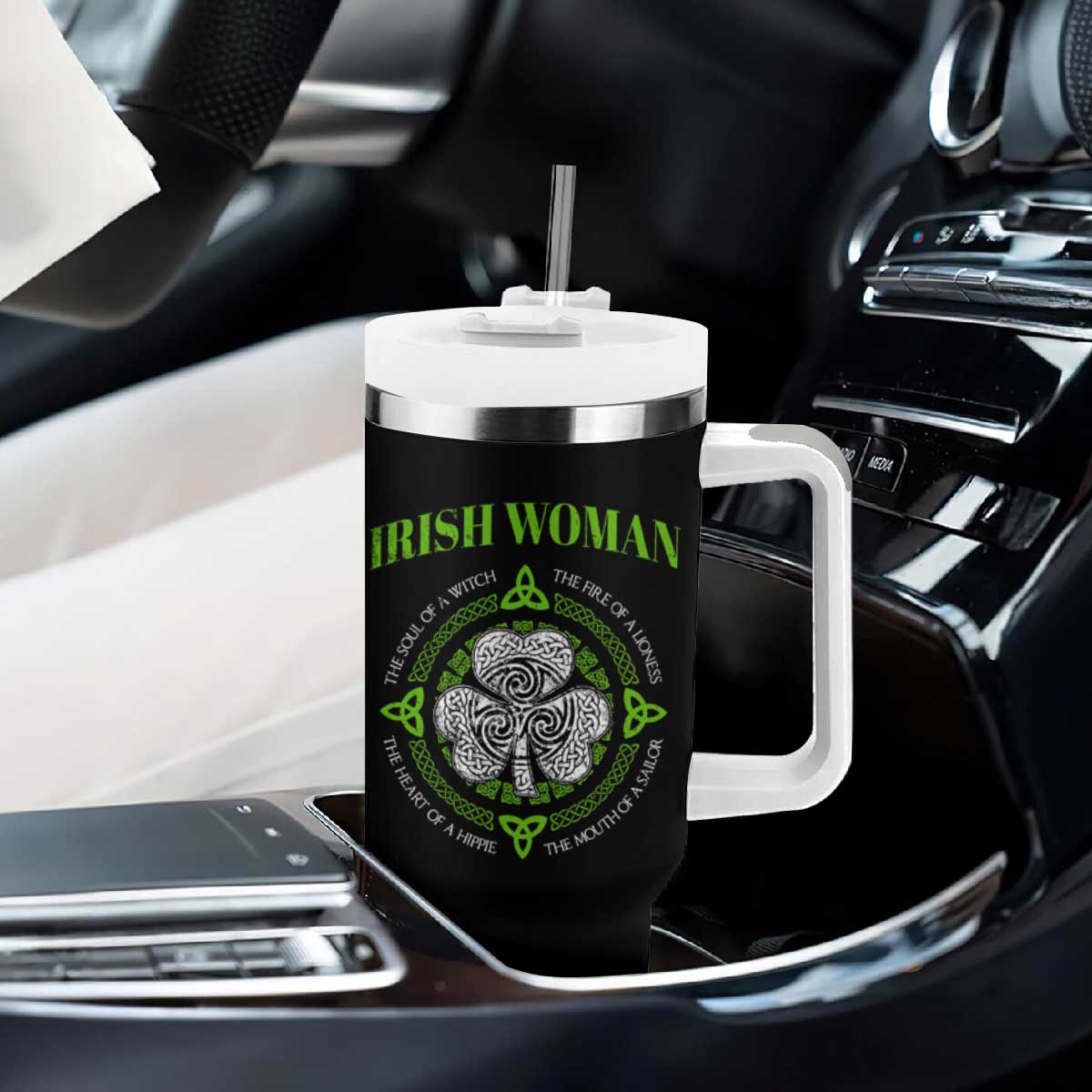 Irish Woman Pride Tumbler With Handle The Soul of A Witch Celtic Shamrock Feminist TS09 Print Your Wear