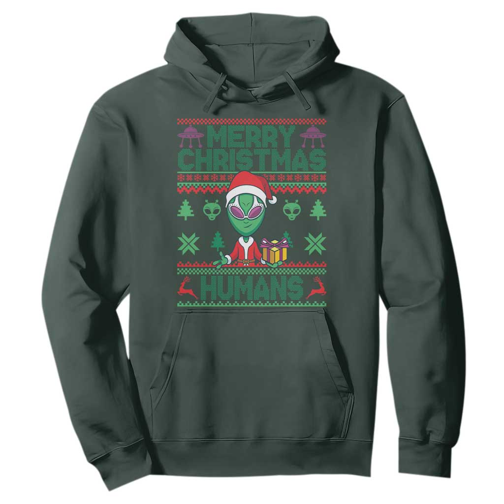 Funny Xmas Alien Santa Hoodie Merry Christmas Humans UFO Outer Space TS09 Dark Forest Green Print Your Wear