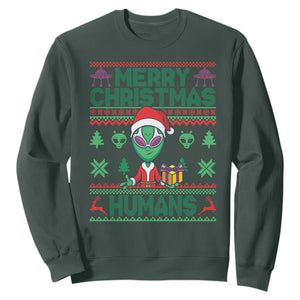Funny Xmas Alien Santa Sweatshirt Merry Christmas Humans UFO Outer Space TS09 Dark Forest Green Print Your Wear