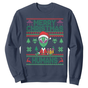 Funny Xmas Alien Santa Sweatshirt Merry Christmas Humans UFO Outer Space TS09 Navy Print Your Wear