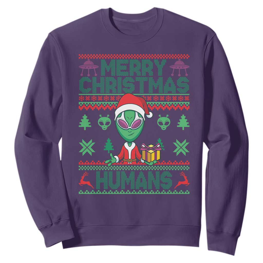 Funny Xmas Alien Santa Sweatshirt Merry Christmas Humans UFO Outer Space TS09 Purple Print Your Wear
