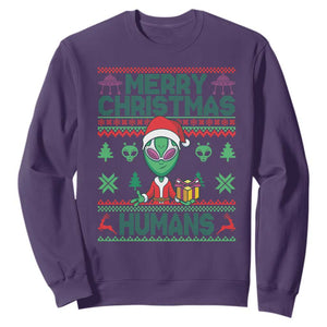 Funny Xmas Alien Santa Sweatshirt Merry Christmas Humans UFO Outer Space TS09 Purple Print Your Wear