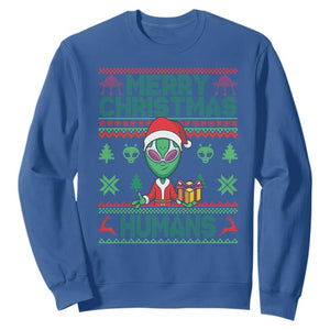 Funny Xmas Alien Santa Sweatshirt Merry Christmas Humans UFO Outer Space TS09 Royal Blue Print Your Wear