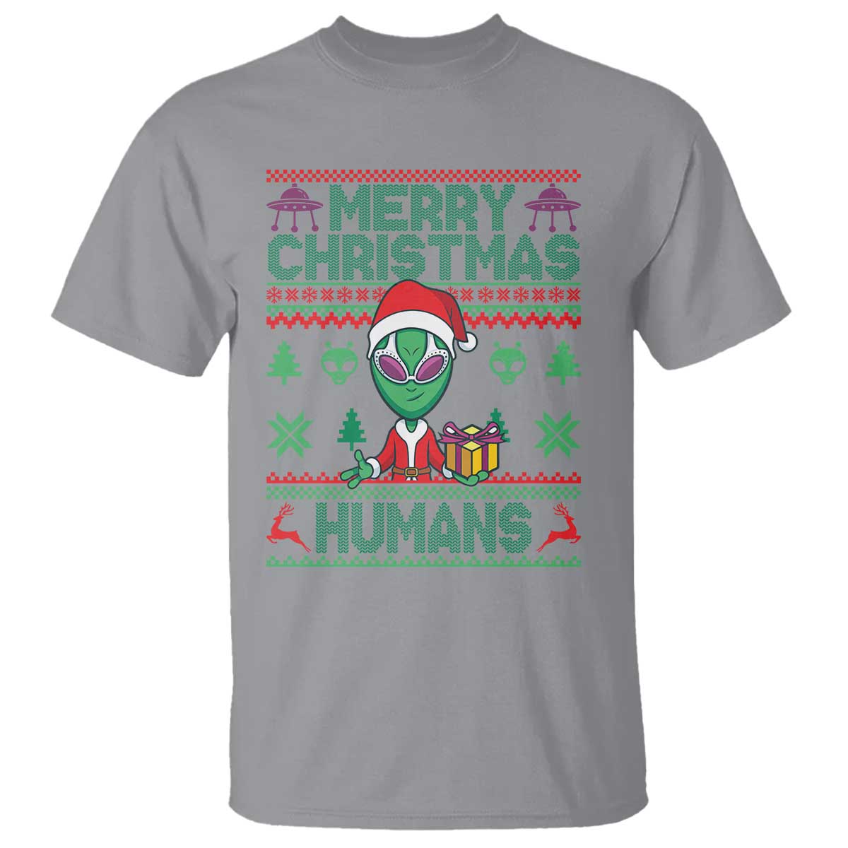 Funny Xmas Alien Santa T Shirt Merry Christmas Humans UFO Outer Space TS09 Sport Gray Print Your Wear