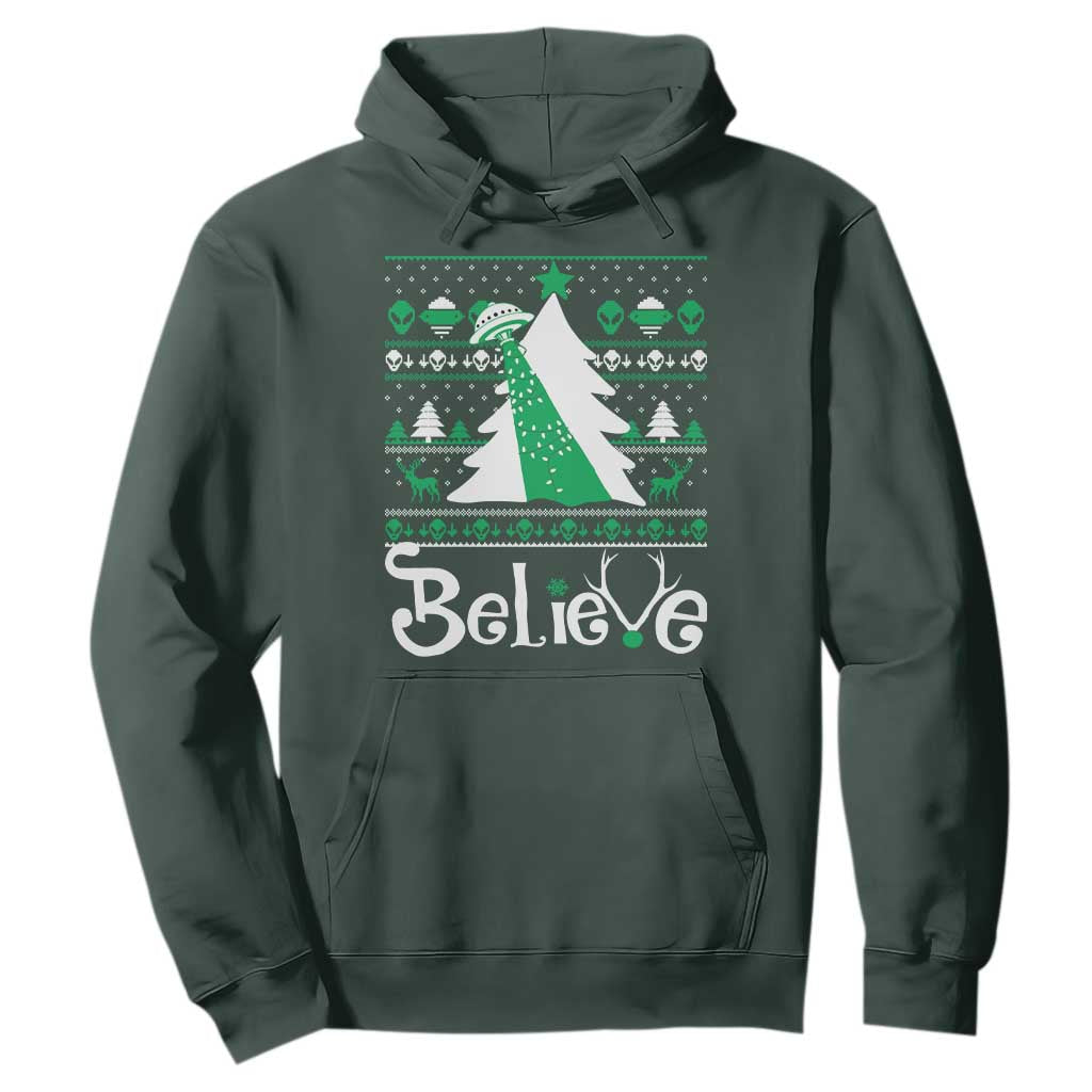 Funny Xmas UFO Believe Hoodie TS09 Dark Forest Green Print Your Wear