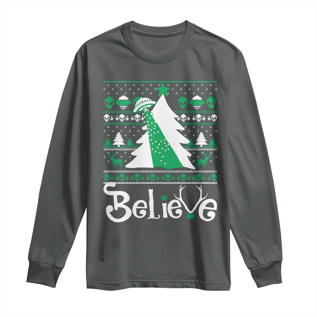 Funny Xmas UFO Believe Long Sleeve Shirt TS09 Dark Heather Print Your Wear