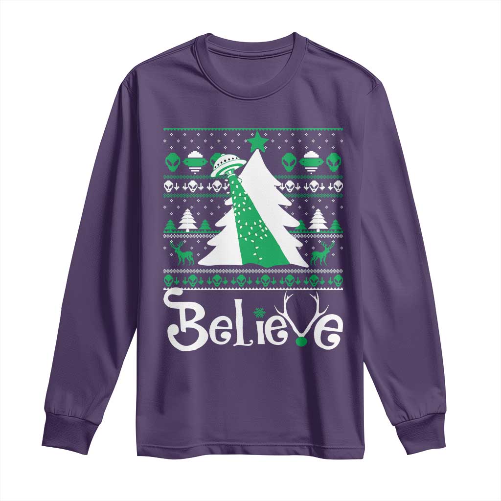 Funny Xmas UFO Believe Long Sleeve Shirt TS09 Purple Print Your Wear