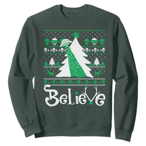 Funny Xmas UFO Believe Sweatshirt TS09 Dark Forest Green Print Your Wear