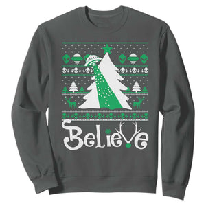 Funny Xmas UFO Believe Sweatshirt TS09 Dark Heather Print Your Wear