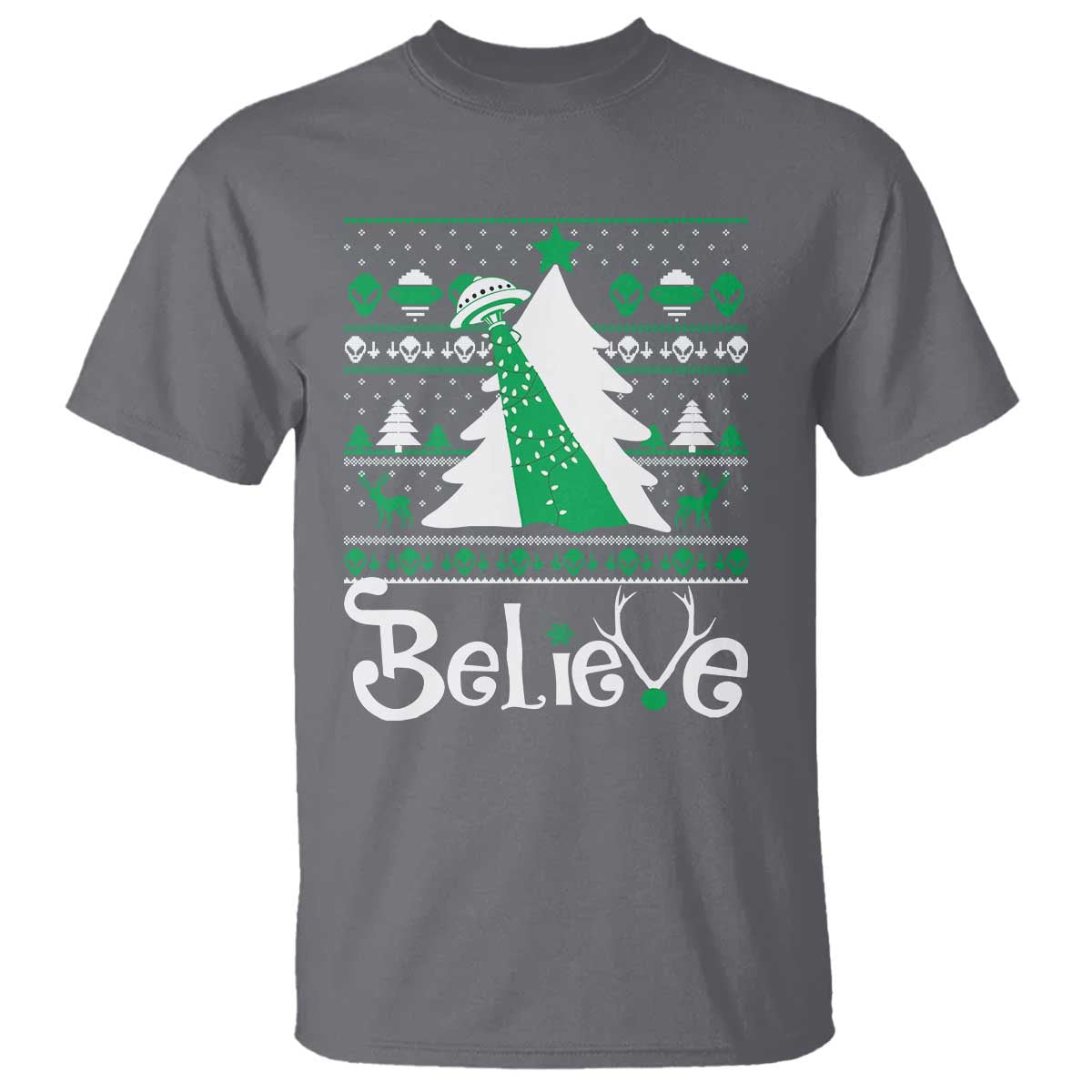 Funny Xmas UFO Believe T Shirt TS09 Charcoal Print Your Wear