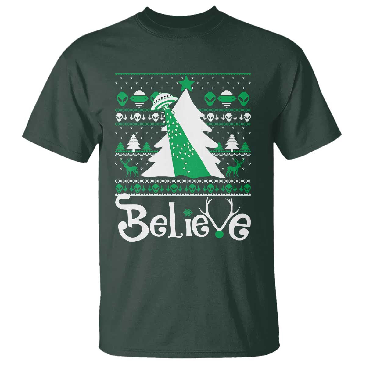 Funny Xmas UFO Believe T Shirt TS09 Dark Forest Green Print Your Wear