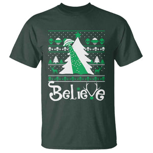 Funny Xmas UFO Believe T Shirt TS09 Dark Forest Green Print Your Wear