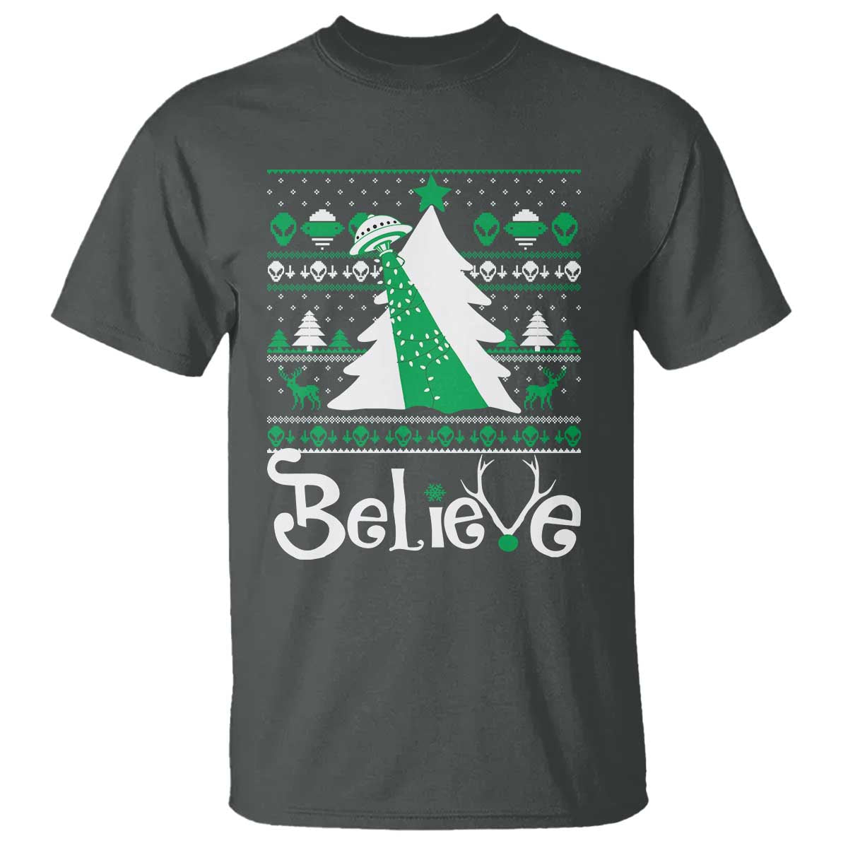 Funny Xmas UFO Believe T Shirt TS09 Dark Heather Print Your Wear