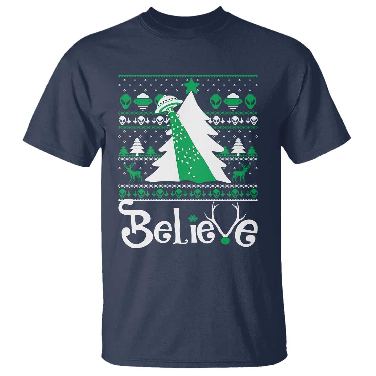 Funny Xmas UFO Believe T Shirt TS09 Navy Print Your Wear