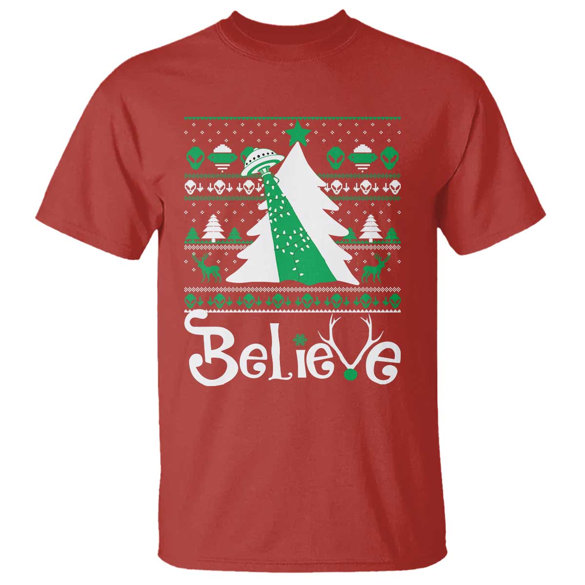 Funny Xmas UFO Believe T Shirt TS09 Red Print Your Wear
