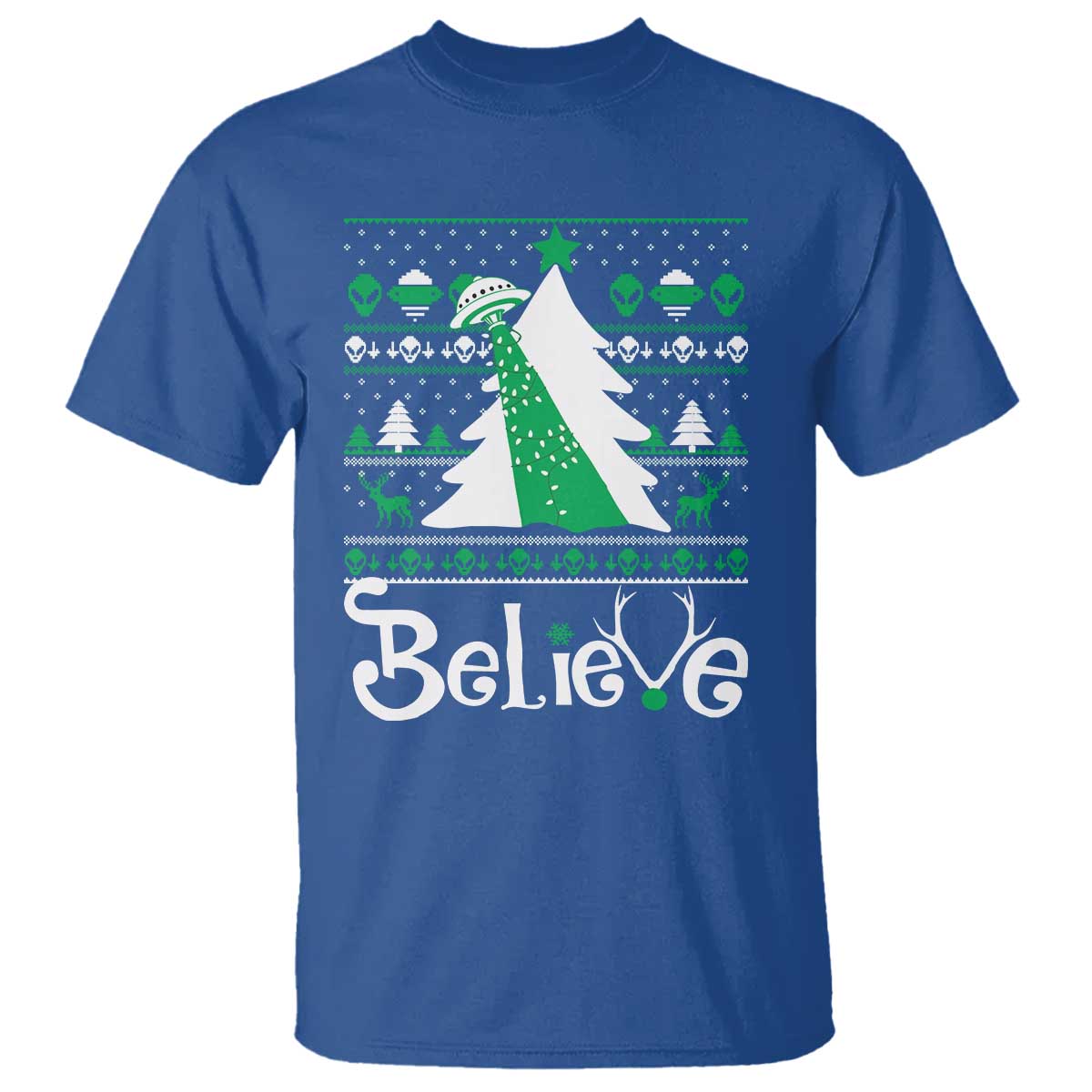 Funny Xmas UFO Believe T Shirt TS09 Royal Blue Print Your Wear