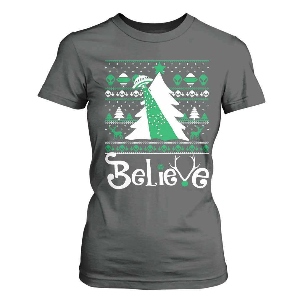 Funny Xmas UFO Believe T Shirt For Women TS09 Dark Heather Print Your Wear