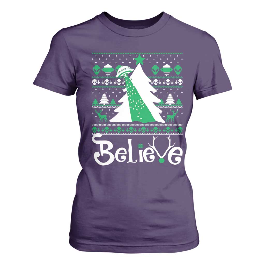 Funny Xmas UFO Believe T Shirt For Women TS09 Purple Print Your Wear