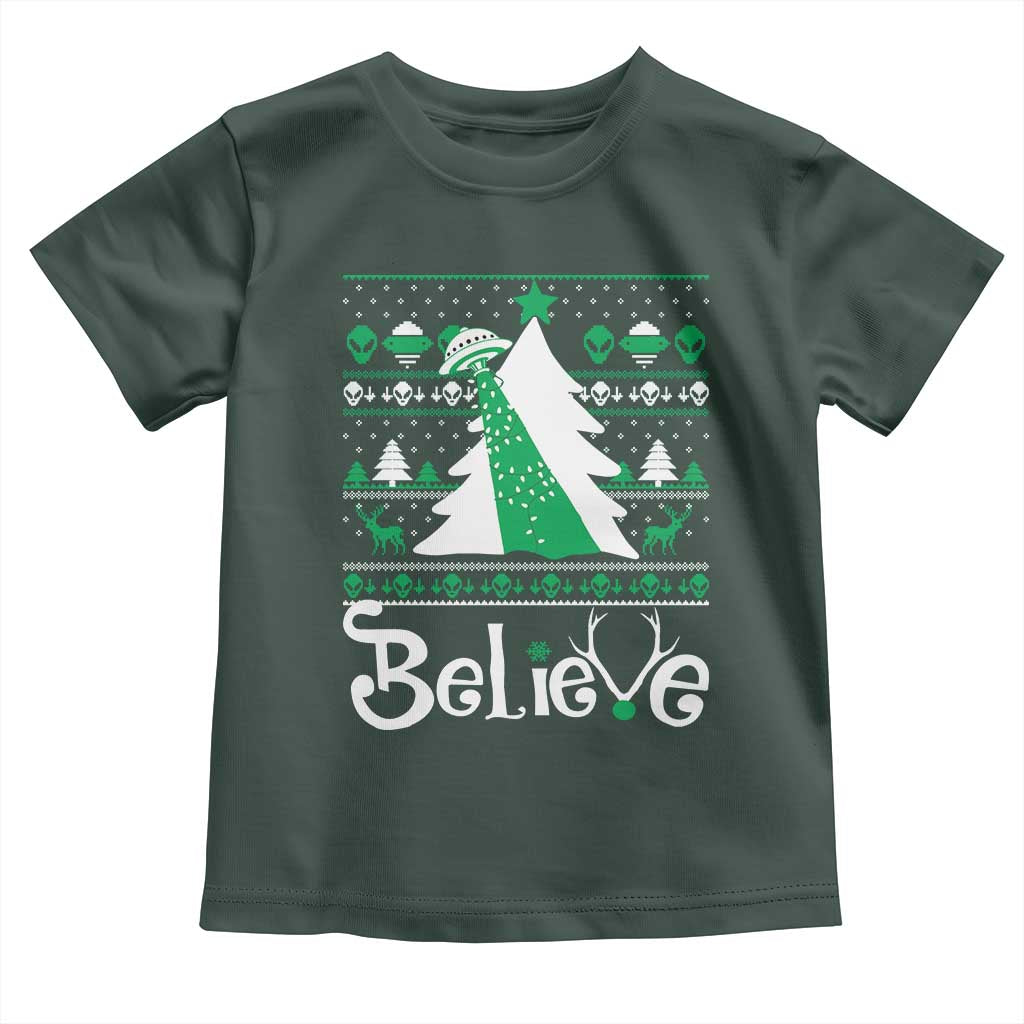 Funny Xmas UFO Believe Toddler T Shirt TS09 Dark Forest Green Print Your Wear