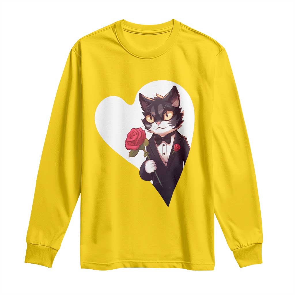 Valentine's Day Long Sleeve Shirt Tuxedo Cat Valentine Heart for Kitten and Animal Lovers TS09 Daisy Print Your Wear