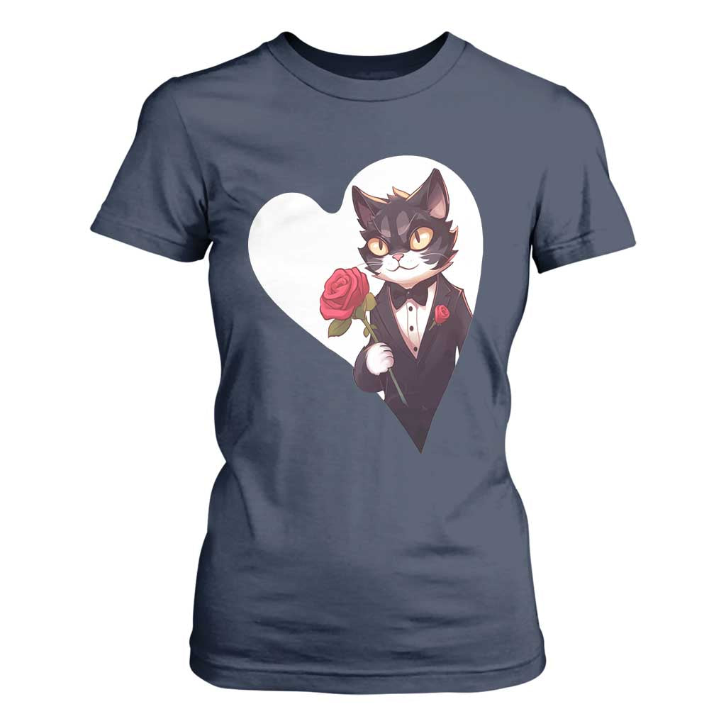 Valentine's Day T Shirt For Women Tuxedo Cat Valentine Heart for Kitten and Animal Lovers TS09 Navy Print Your Wear