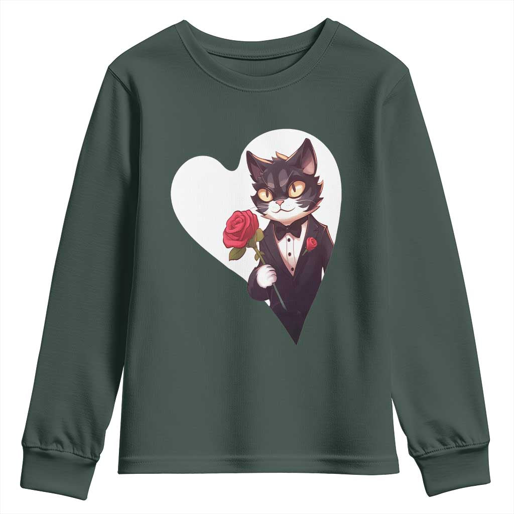 Valentine's Day Youth Sweatshirt Tuxedo Cat Valentine Heart for Kitten and Animal Lovers TS09 Dark Forest Green Print Your Wear
