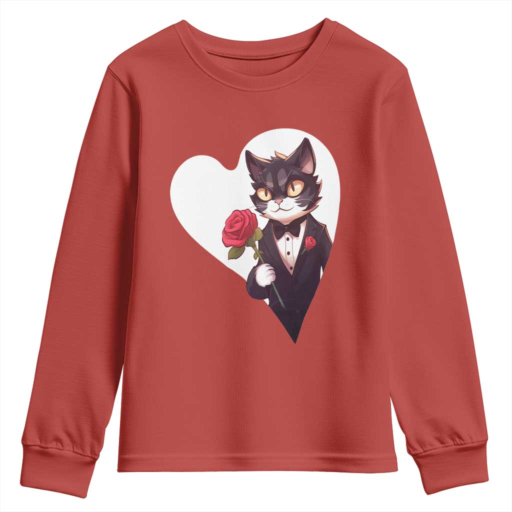 Valentine's Day Youth Sweatshirt Tuxedo Cat Valentine Heart for Kitten and Animal Lovers TS09 Red Print Your Wear