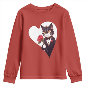 Valentine's Day Youth Sweatshirt Tuxedo Cat Valentine Heart for Kitten and Animal Lovers TS09 Red Print Your Wear