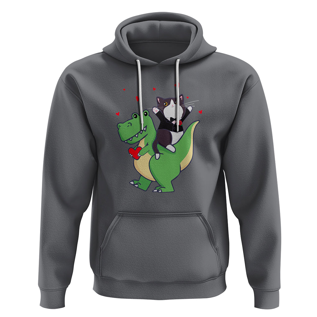 Valentine's Day Hoodie Cat Riding Dinosaur Cool Tuxedo On Suit And Take Rose TS09 Charcoal Printyourwear