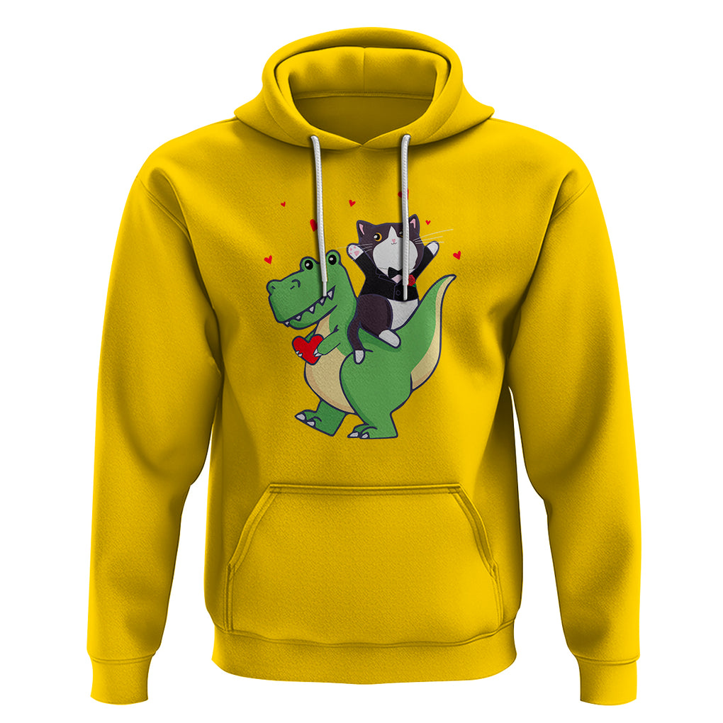 Valentine's Day Hoodie Cat Riding Dinosaur Cool Tuxedo On Suit And Take Rose TS09 Daisy Printyourwear