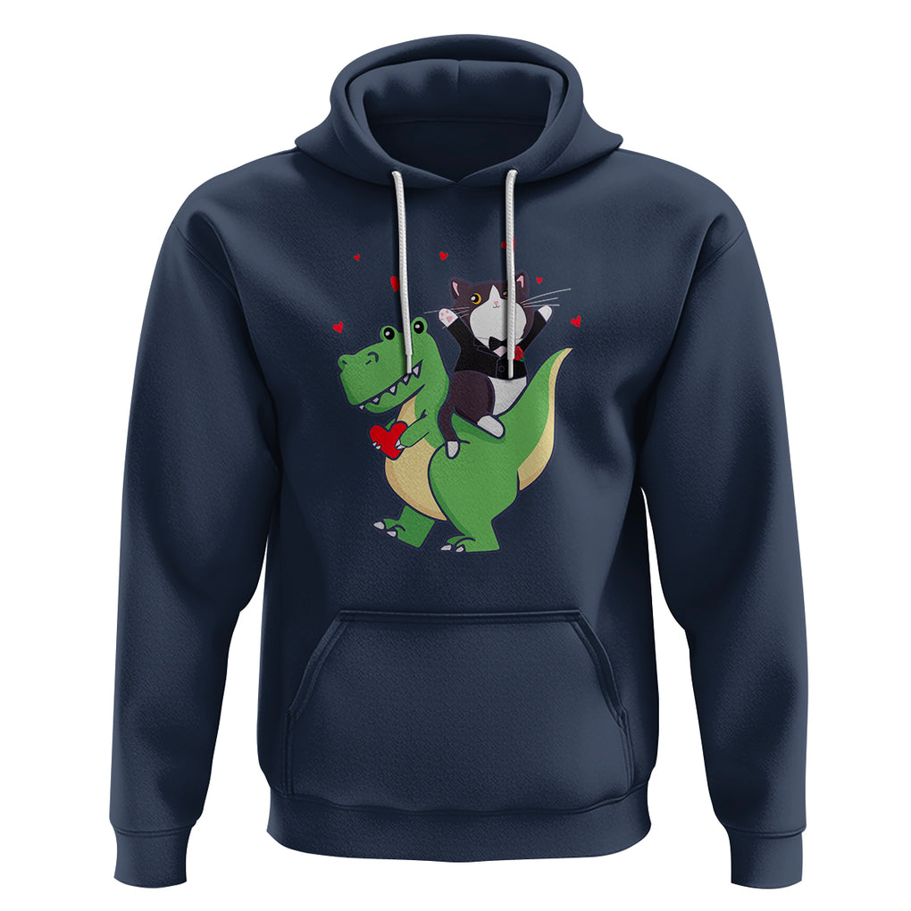 Valentine's Day Hoodie Cat Riding Dinosaur Cool Tuxedo On Suit And Take Rose TS09 Navy Printyourwear