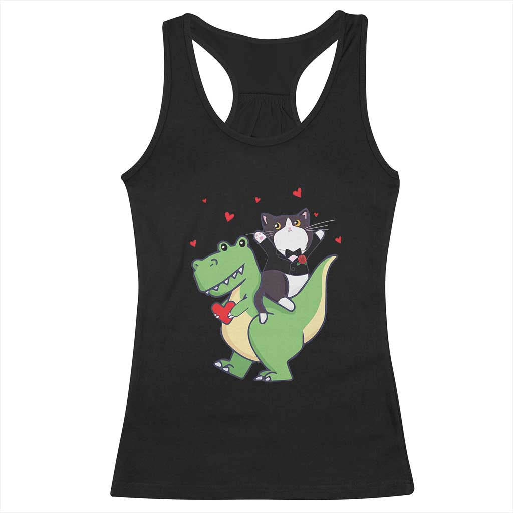 Valentine's Day Racerback Tank Top Cat Riding Dinosaur Cool Tuxedo On Suit And Take Rose TS09 Black Print Your Wear
