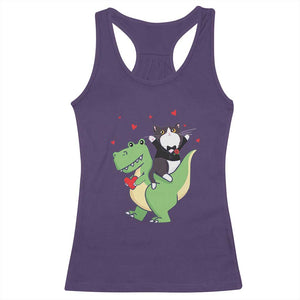 Valentine's Day Racerback Tank Top Cat Riding Dinosaur Cool Tuxedo On Suit And Take Rose TS09 Purple Print Your Wear