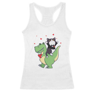 Valentine's Day Racerback Tank Top Cat Riding Dinosaur Cool Tuxedo On Suit And Take Rose TS09 White Print Your Wear