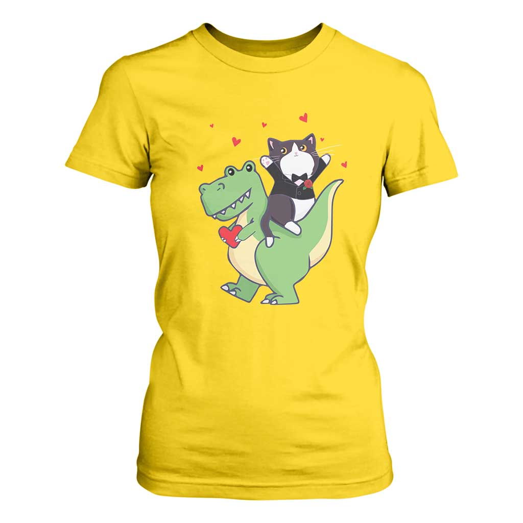 Valentine's Day T Shirt For Women Cat Riding Dinosaur Cool Tuxedo On Suit And Take Rose TS09 Daisy Print Your Wear