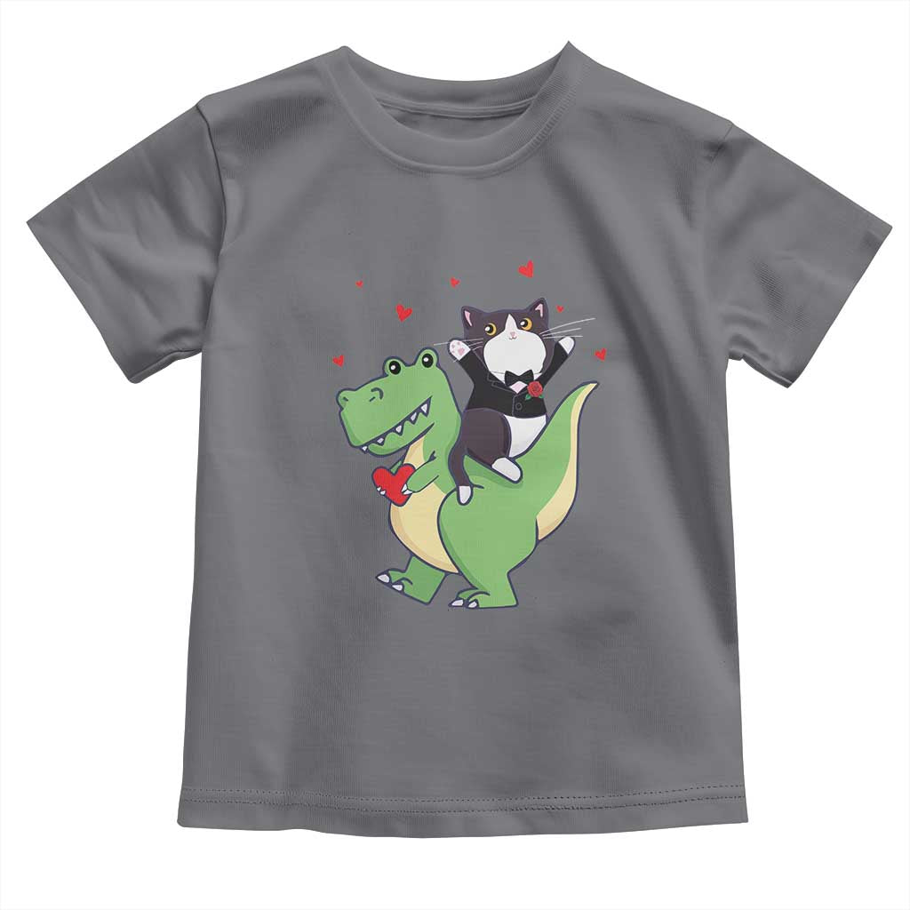 Valentine's Day Toddler T Shirt Cat Riding Dinosaur Cool Tuxedo On Suit And Take Rose TS09 Charcoal Print Your Wear