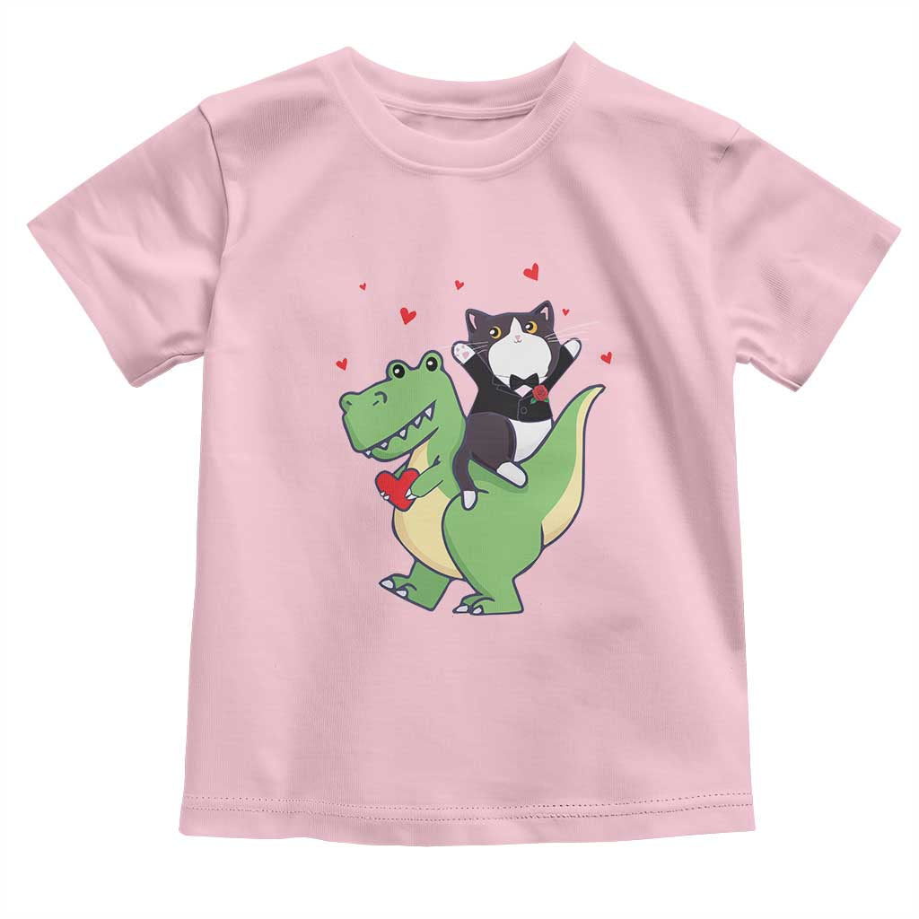 Valentine's Day Toddler T Shirt Cat Riding Dinosaur Cool Tuxedo On Suit And Take Rose TS09 Light Pink Print Your Wear