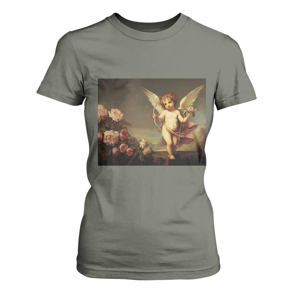 Valentine's Day T Shirt For Women Cupid Cherubs Art Valentine Angel Rose Garden Aesthetic TS09 Military Green Print Your Wear