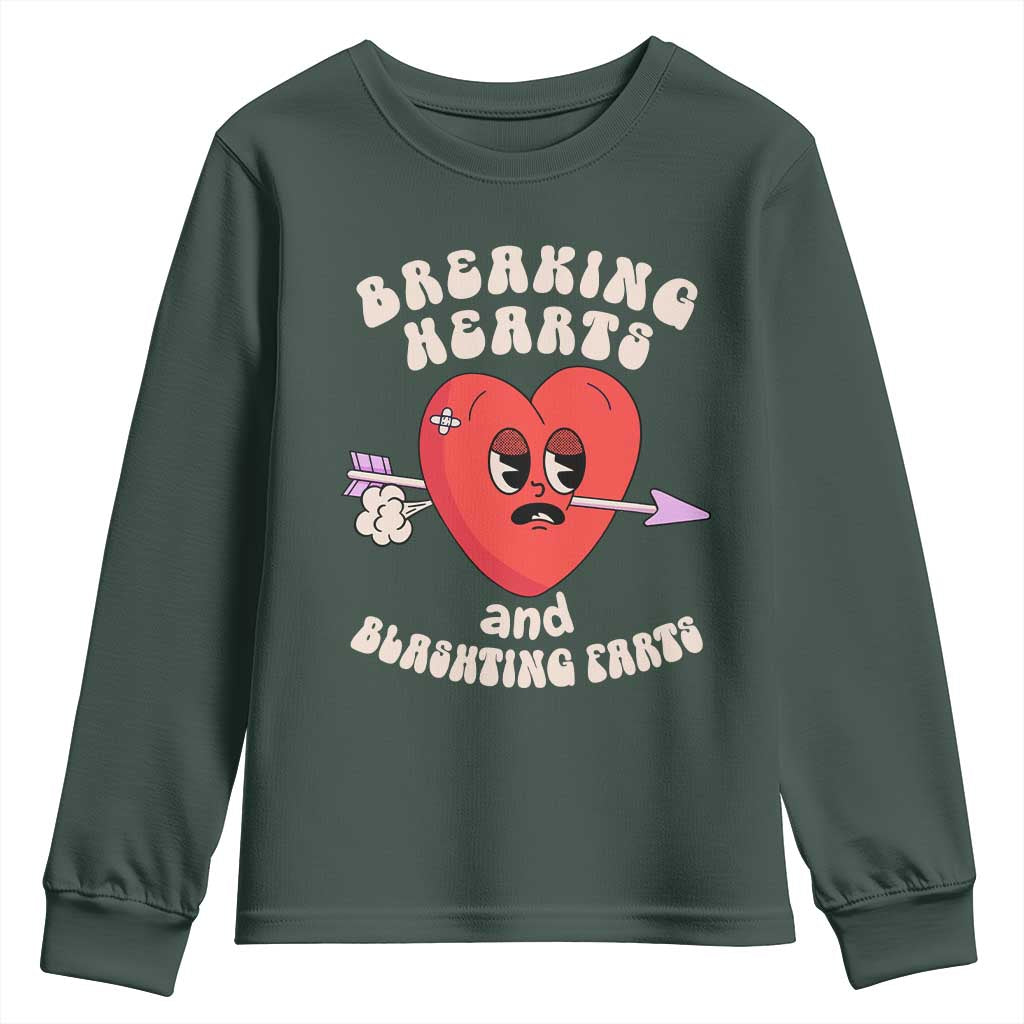 Valentine's Day Youth Sweatshirt Breaking Hearts And Blasting Farts TS09 Dark Forest Green Print Your Wear