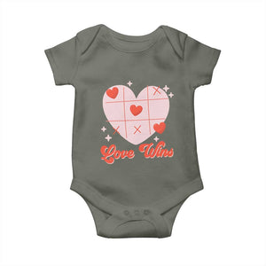 Valentine's Day Baby Onesie Love Always Wins Funny Heart Tic Tac Toe TS09 Military Green Print Your Wear