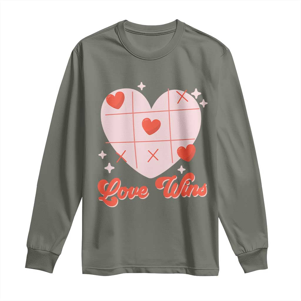 Valentine's Day Long Sleeve Shirt Love Always Wins Funny Heart Tic Tac Toe TS09 Military Green Print Your Wear