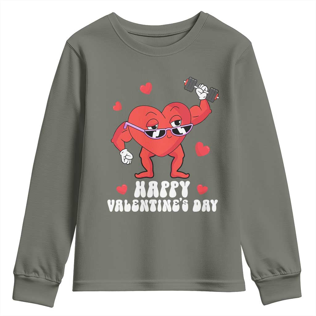 Happy Valentine's Day Gymer Heart Weightlifting Funny Deadlift Fitness Youth Sweatshirt TS09 Military Green Print Your Wear