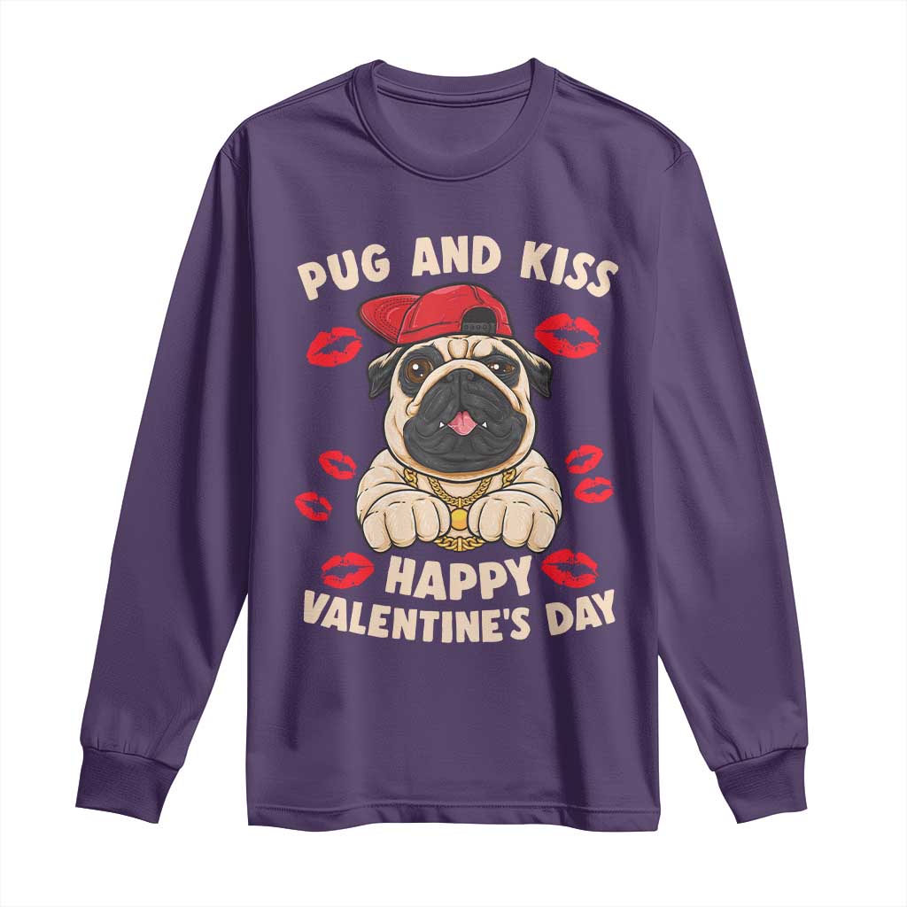 Pug And Kiss Happy Valentine's Day Funny Pet Lover Long Sleeve Shirt TS09 Purple Print Your Wear