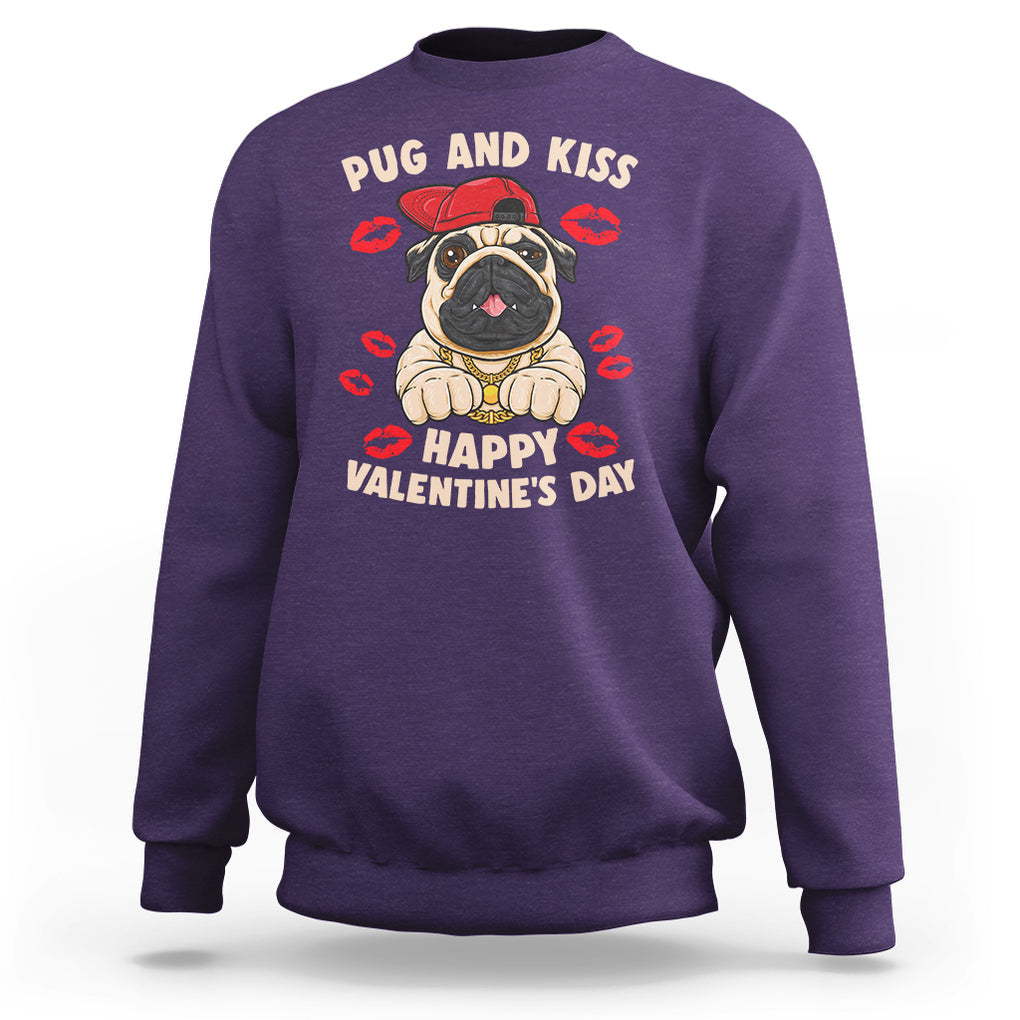 Pug And Kiss Happy Valentine's Day Funny Pet Lover Sweatshirt TS09 Purple Printyourwear